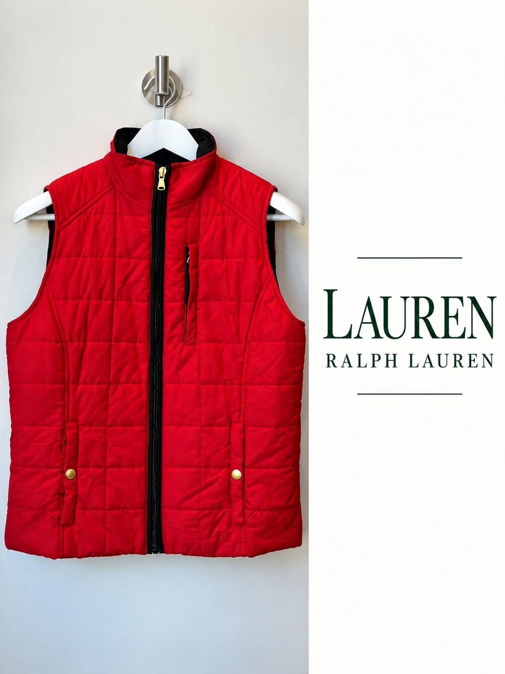 Lauren Ralph Lauren Red Quilted Puffer Vest Women’s M Gold Hardware